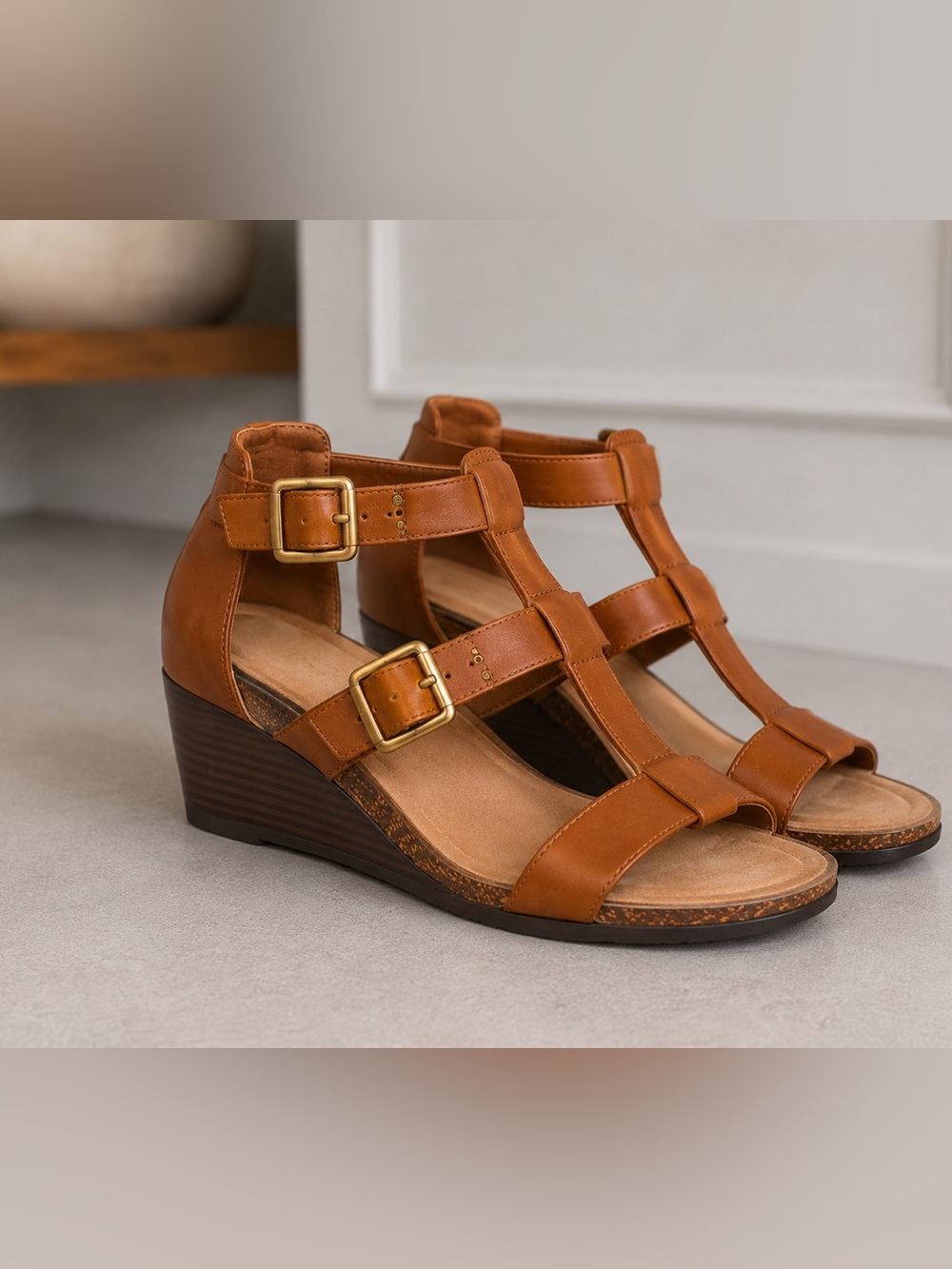 Reaction Kenneth Cole Great Step Wedge Sandals Cognac Brown Size 8.5M NWOT